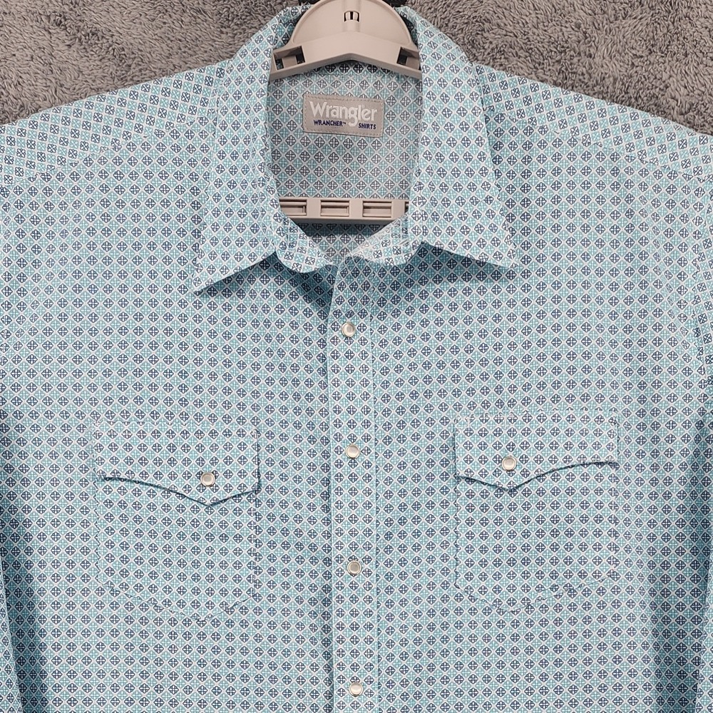 Wrangler Shirt Mens 2XLT Blue Geometric Wrancher Snaps Flap Pockets Big & Tall
